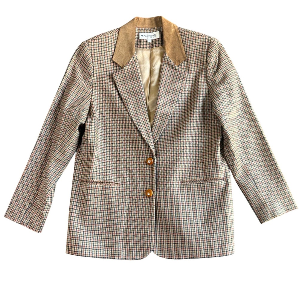 Appleseed's Womens Brn Houndstooth Plaid Equestrian Blazer Suede Collar Size 12
